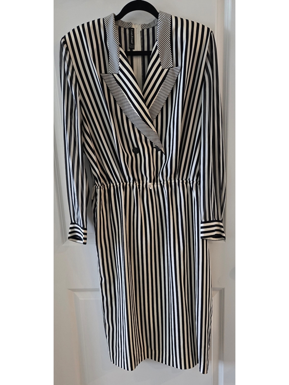 VTG Louis Feraud Black White Striped Secretary Dress Sz 12 14 L Sheer Sleeves
